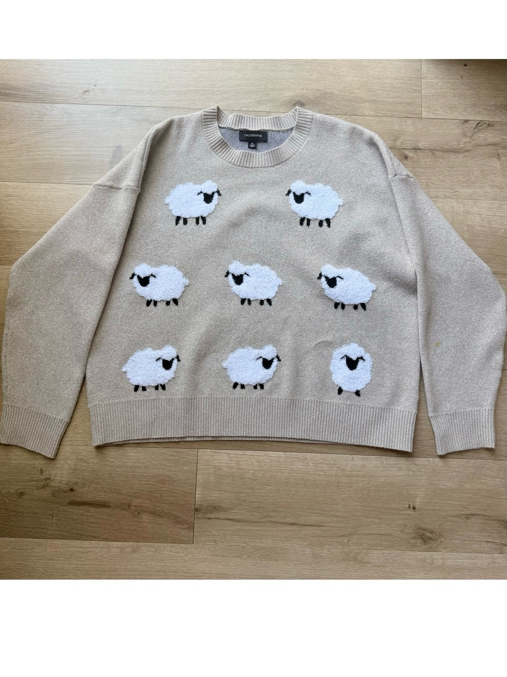 Anthropologie Calligraphie Sheep Fuzzy Appliqué Sweater Women’s XL Cottagecore